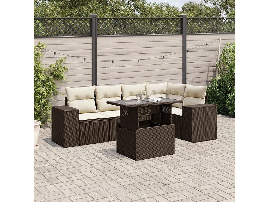 Salon de jardin avec coussins 6 pcs marron résine tressée
