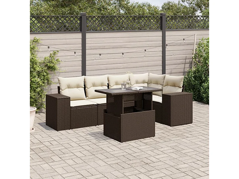 Salon de jardin avec coussins 6 pcs marron résine tressée