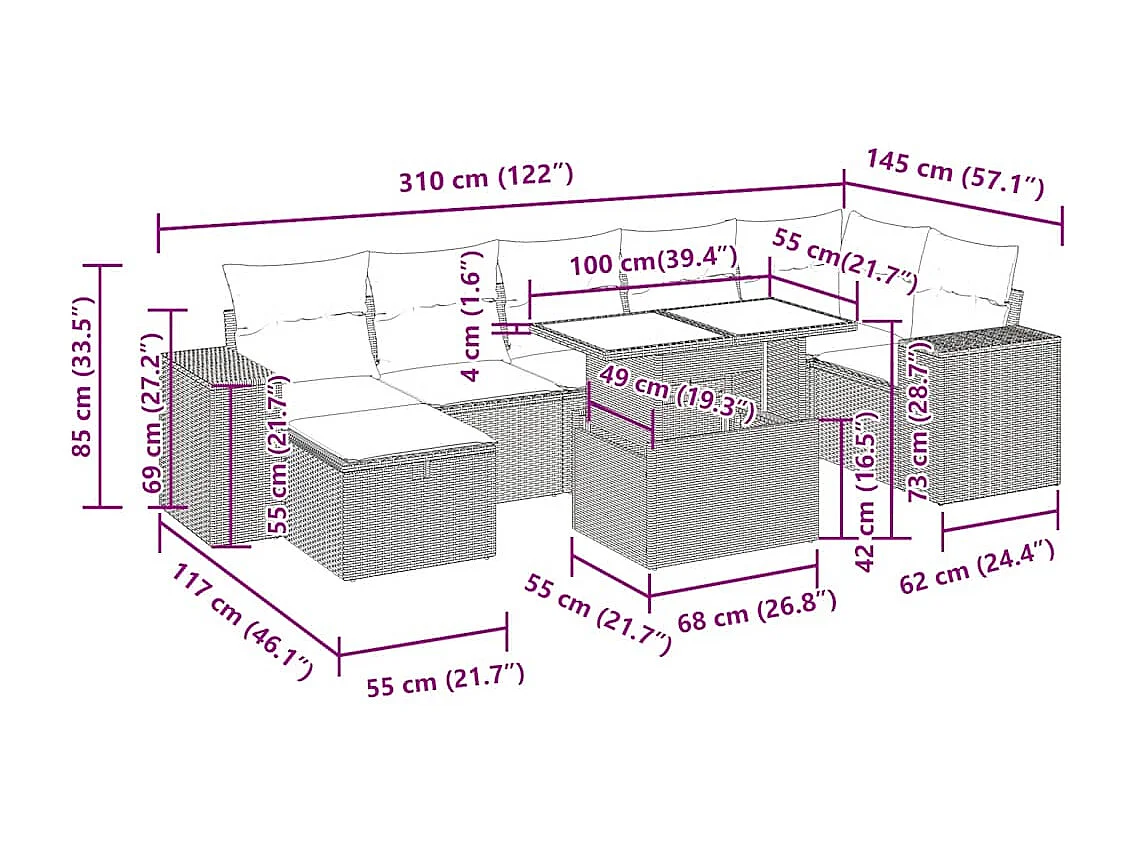 5-delige Loungeset met kussens poly rattan lichtgrijs