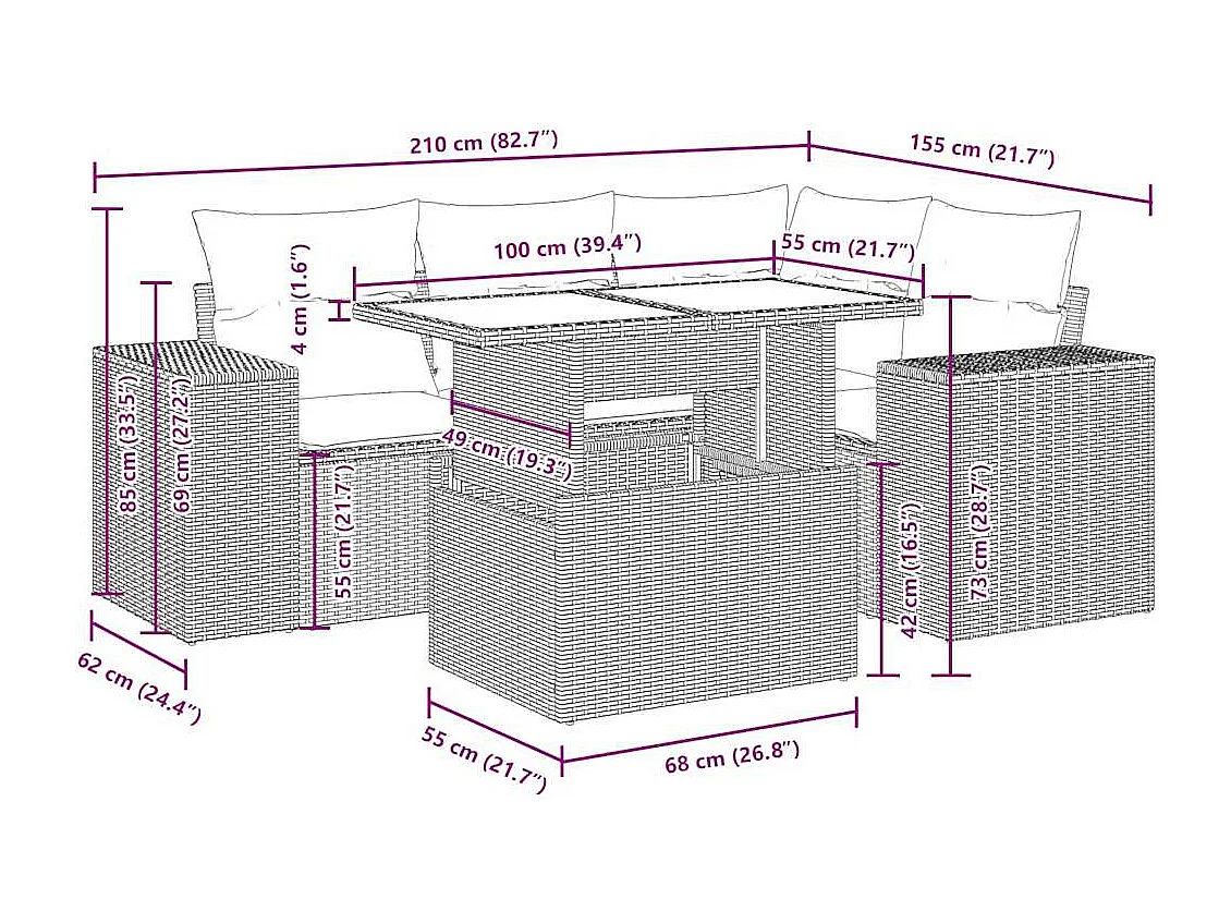 5-delige Loungeset met kussens poly rattan beige