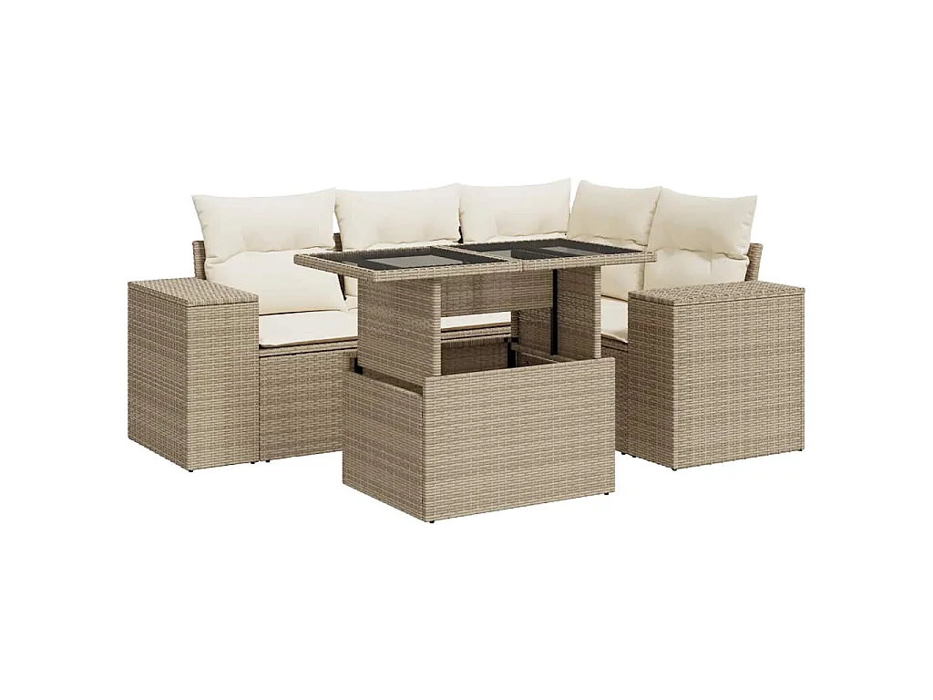 5-tlg. Garten-Sofagarnitur mit Kissen Beige Poly Rattan