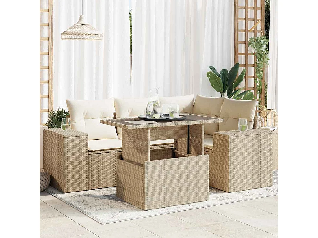 5-tlg. Garten-Sofagarnitur mit Kissen Beige Poly Rattan