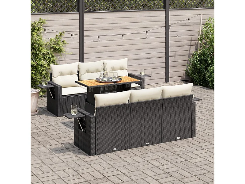 Salon de jardin 7 pcs avec coussins noir résine tressée