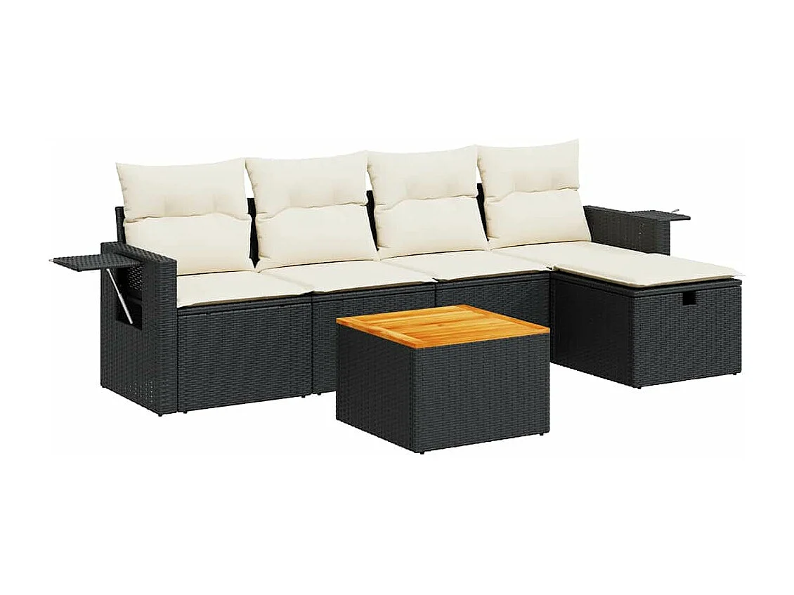 Salon de jardin 6 pcs avec coussins noir résine tressée