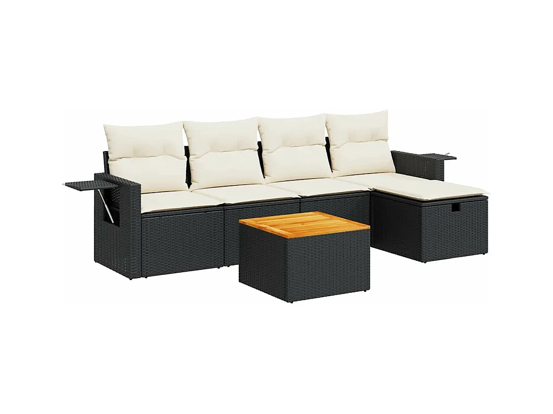 6-delige Loungeset met kussens poly rattan zwart