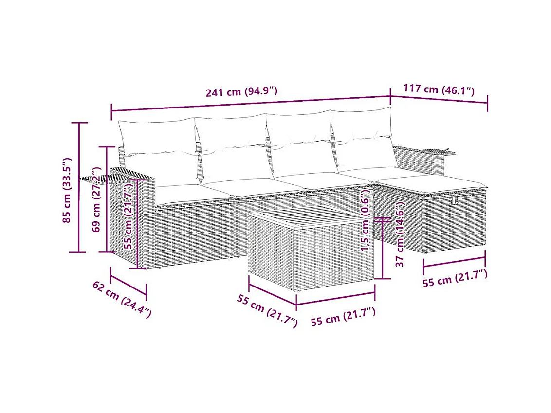 6-delige Loungeset met kussens poly rattan zwart