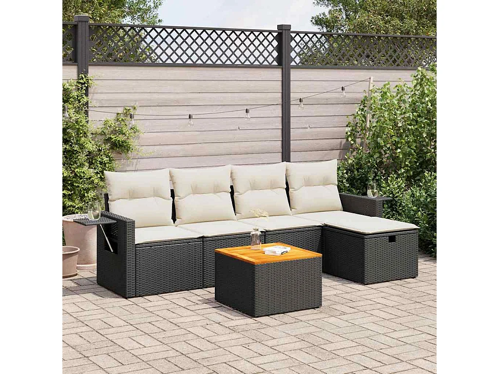 Salon de jardin 6 pcs avec coussins noir résine tressée