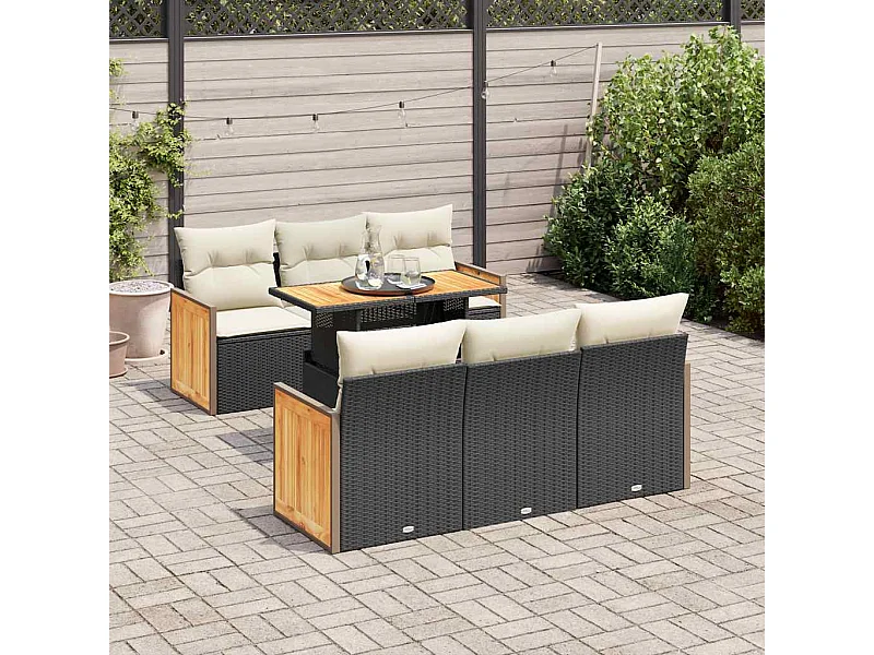 Salon de jardin avec coussins 7 pcs noir résine tressée acacia