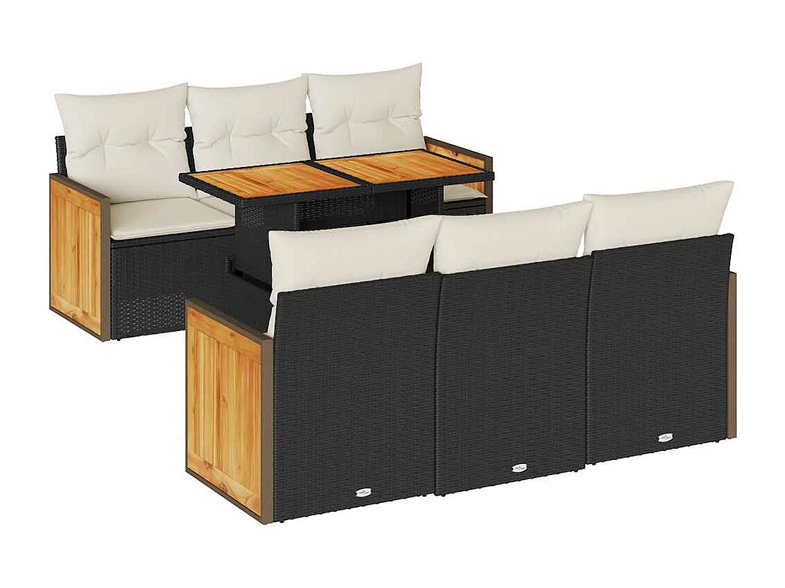 Salon de jardin avec coussins 7 pcs noir résine tressée acacia