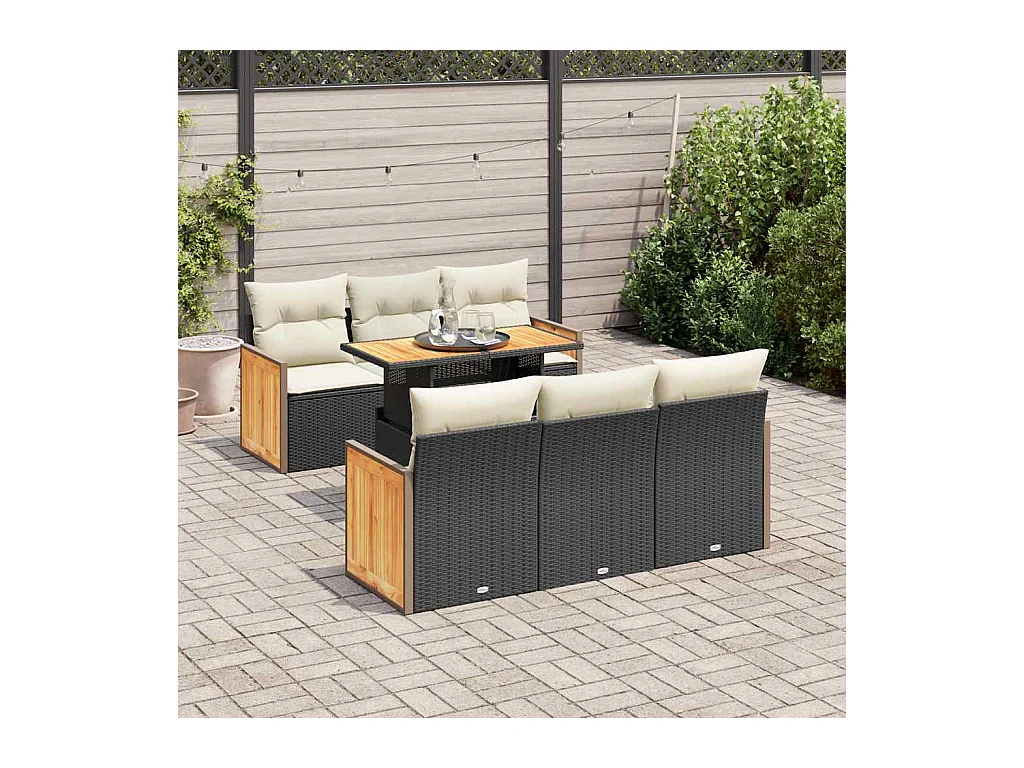 Set Divani da Giardino con Cuscini 7pz Nero Polyrattan Acacia