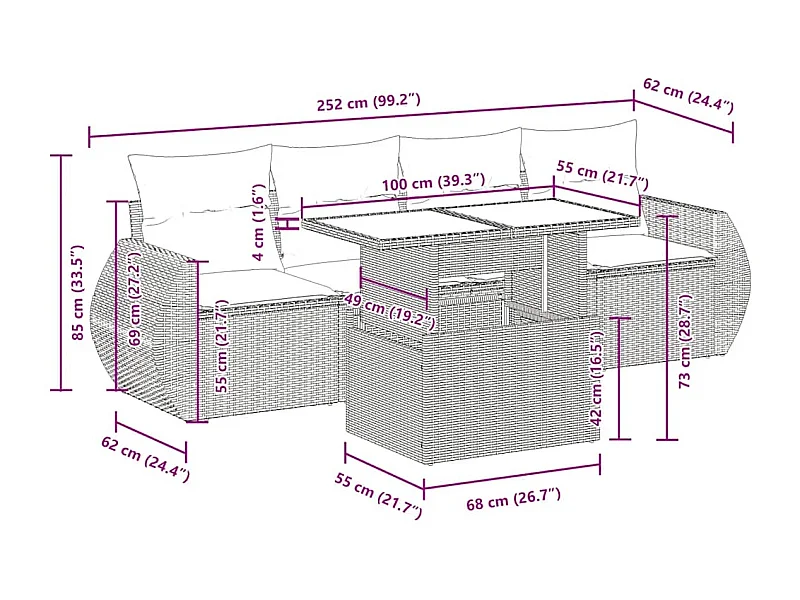 Set comedor de jardín 5 piezas y cojines ratán sintético marrón