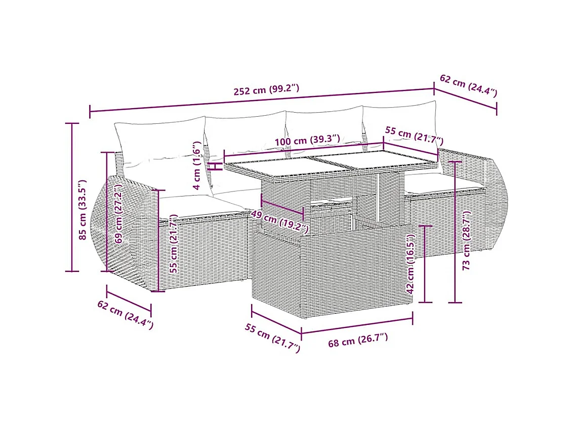 5-tlg. Garten-Sofagarnitur mit Kissen Braun Poly Rattan