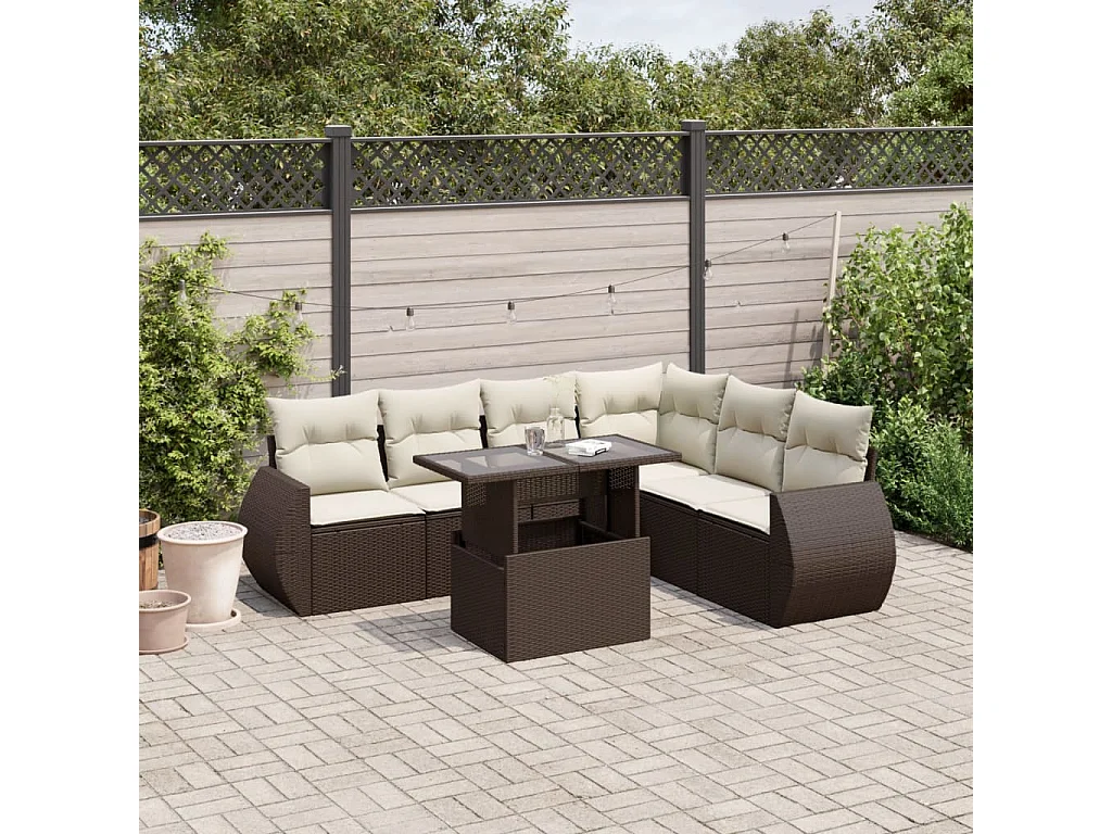 7-tlg. Garten-Sofagarnitur mit Kissen Braun Poly Rattan