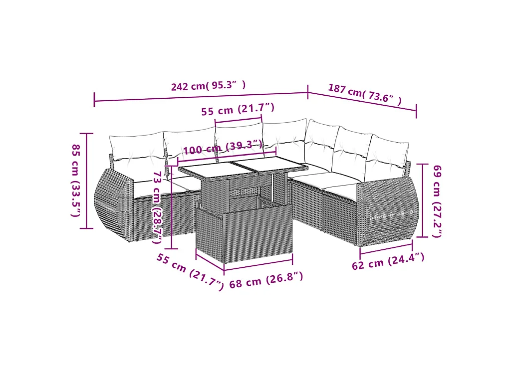 7-tlg. Garten-Sofagarnitur mit Kissen Braun Poly Rattan