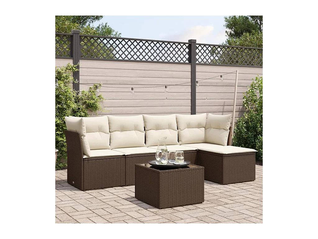 6-delige Loungeset met kussens poly rattan bruin