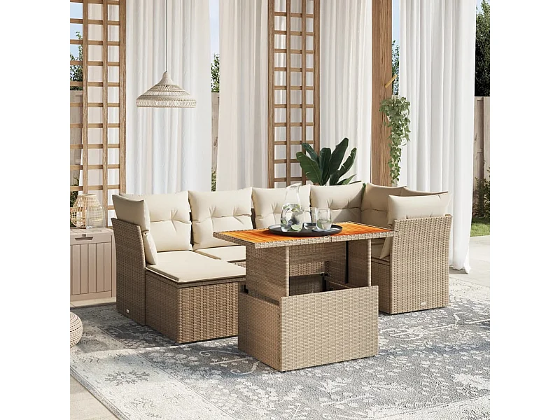 Salon de jardin avec coussins 7 pcs beige résine tressée