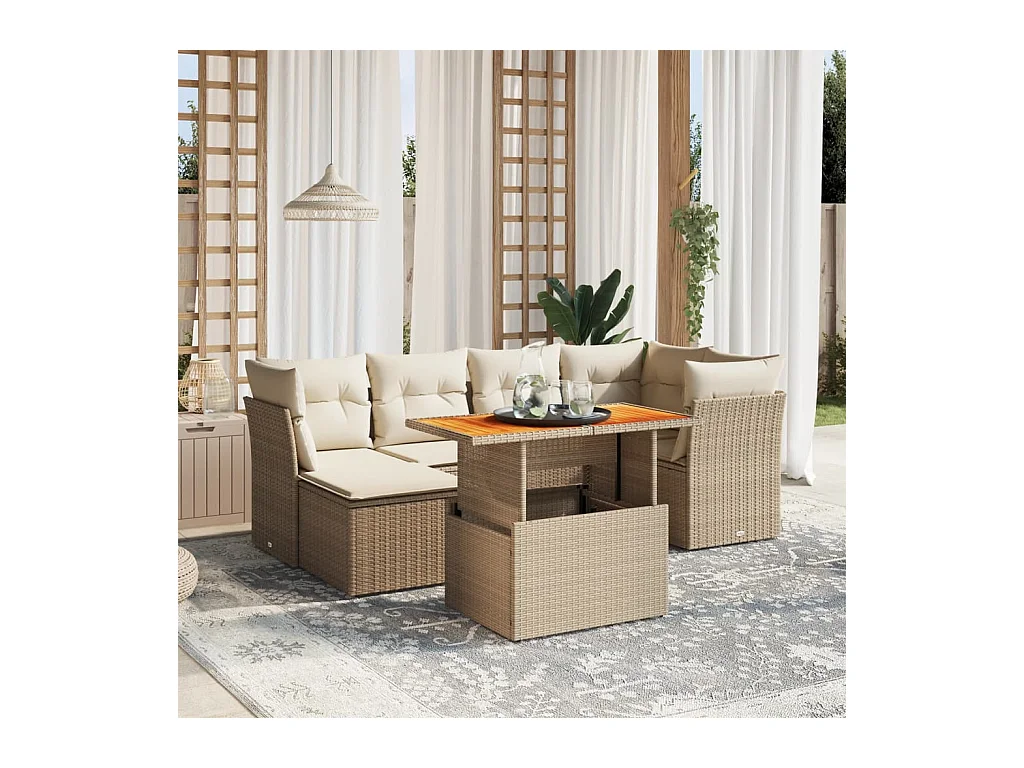 Salon de jardin avec coussins 7 pcs beige résine tressée