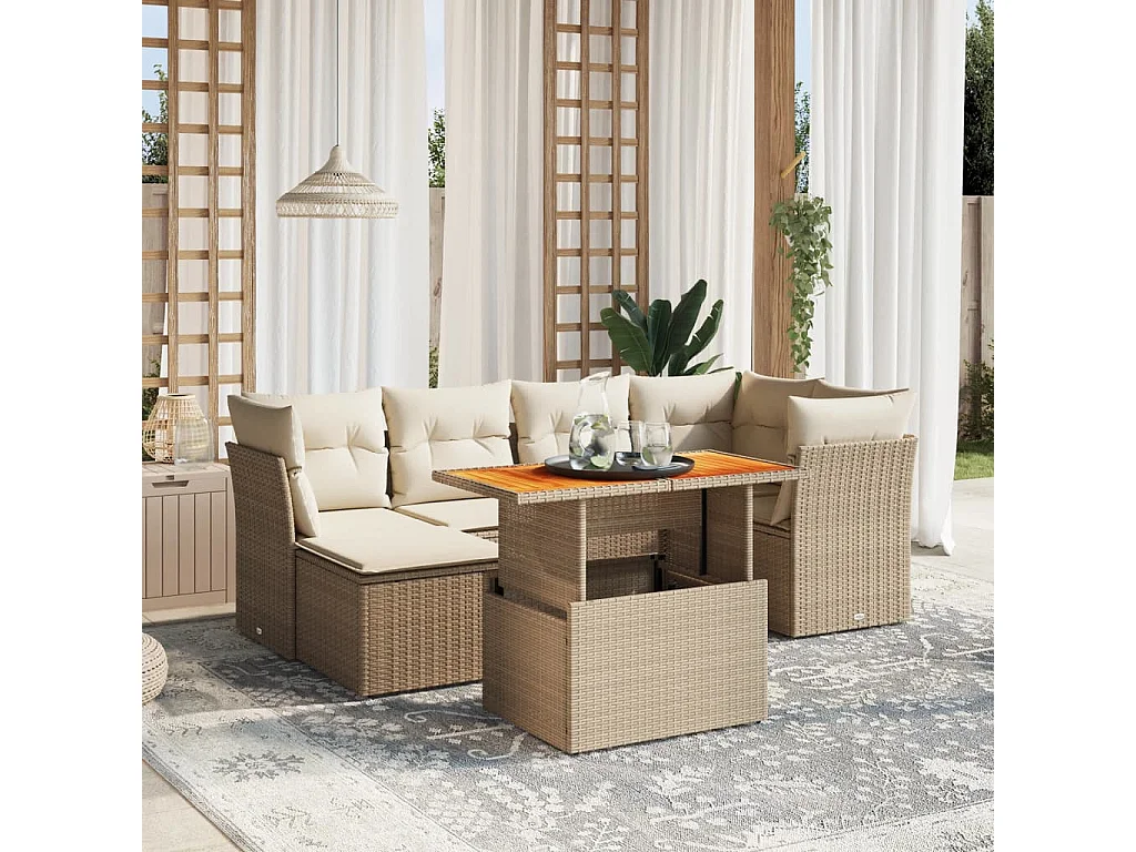 Set Divani da Giardino 7 pz con Cuscini Beige in Polyrattan