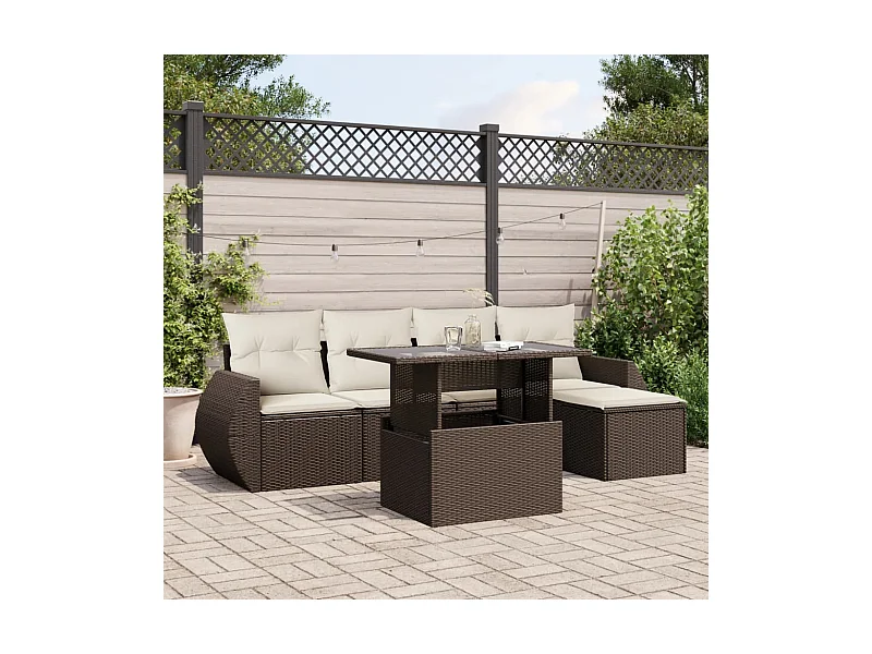 Salon de jardin avec coussins 6 pcs marron résine tressée