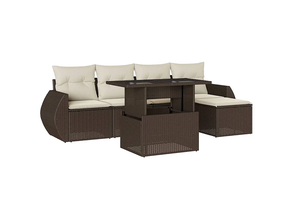 6-delige Loungeset met kussens poly rattan bruin