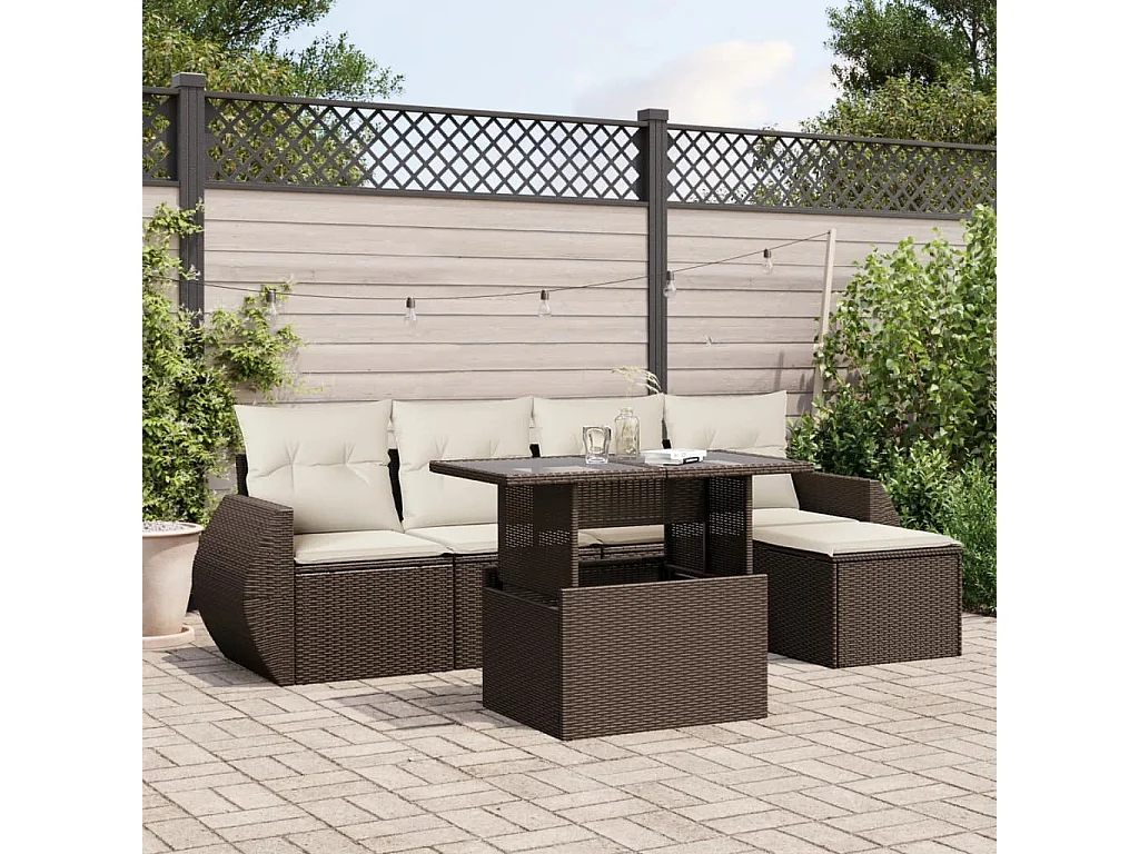 6-delige Loungeset met kussens poly rattan bruin