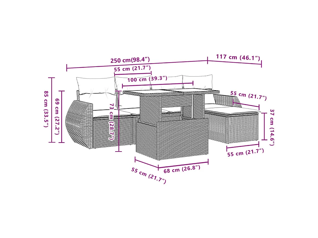 6-delige Loungeset met kussens poly rattan bruin