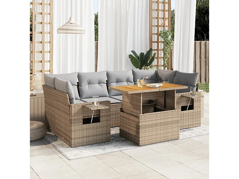 Salon de jardin avec coussins 7 pcs beige résine tressée