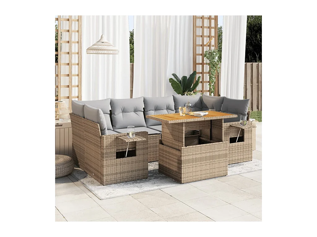 Salon de jardin avec coussins 7 pcs beige résine tressée