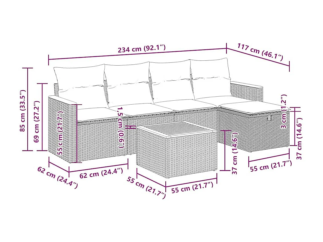 6 pcs conjunto de sofás p/ jardim com almofadões vime PE bege