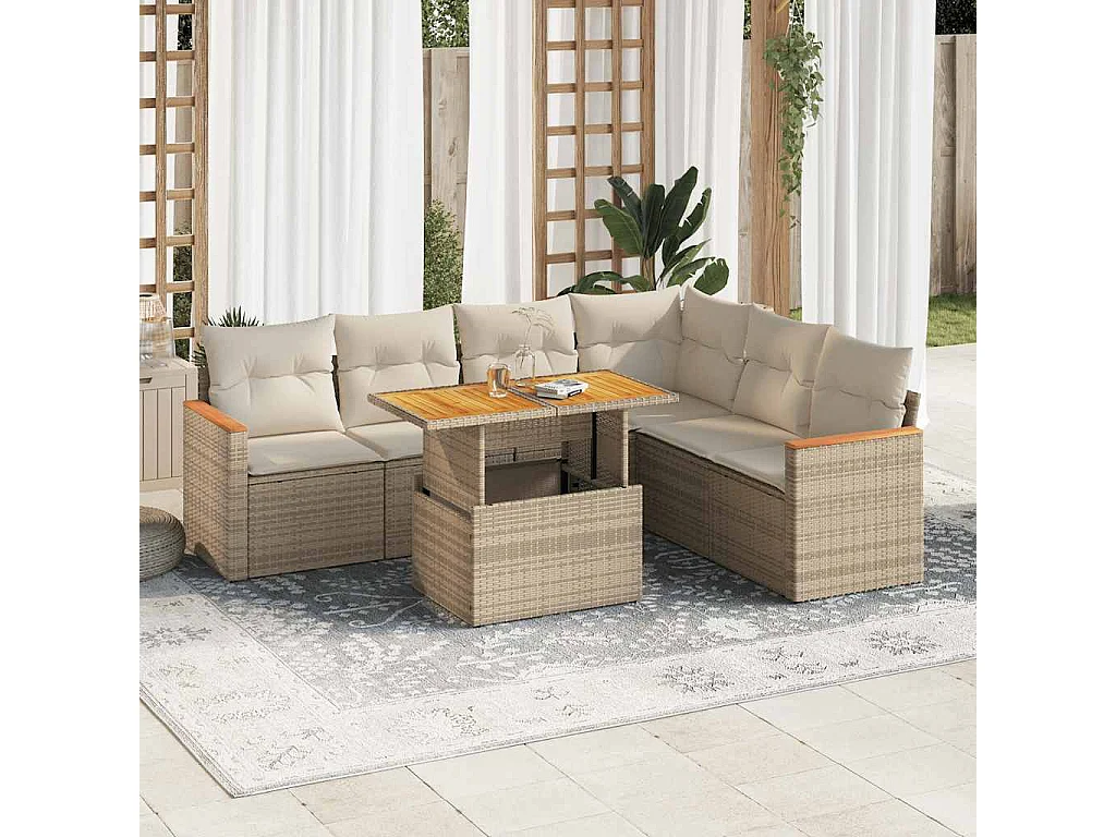7 pcs conjunto sofás jardim com almofadões vime PE/acácia bege