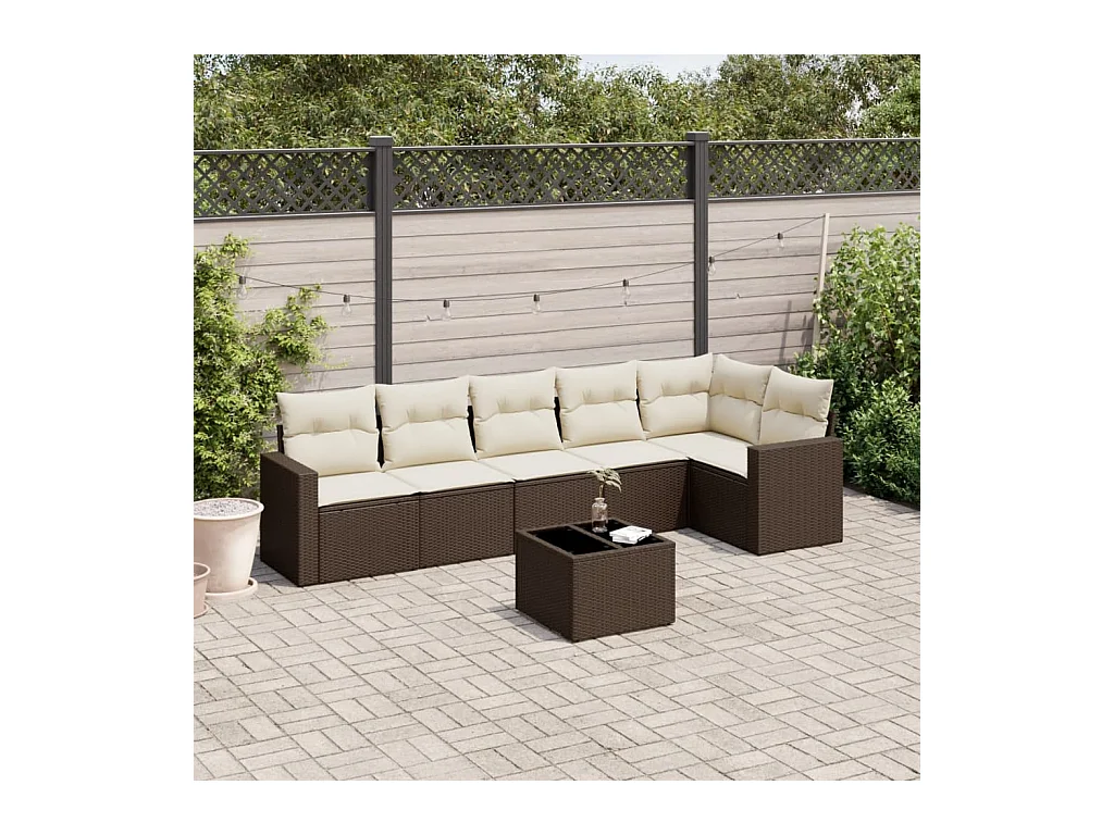 Set Divani da Giardino 7 pz con Cuscini Marrone in Polyrattan