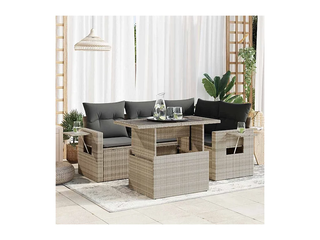Salon de jardin 5 pcs avec coussins gris clair résine tressée