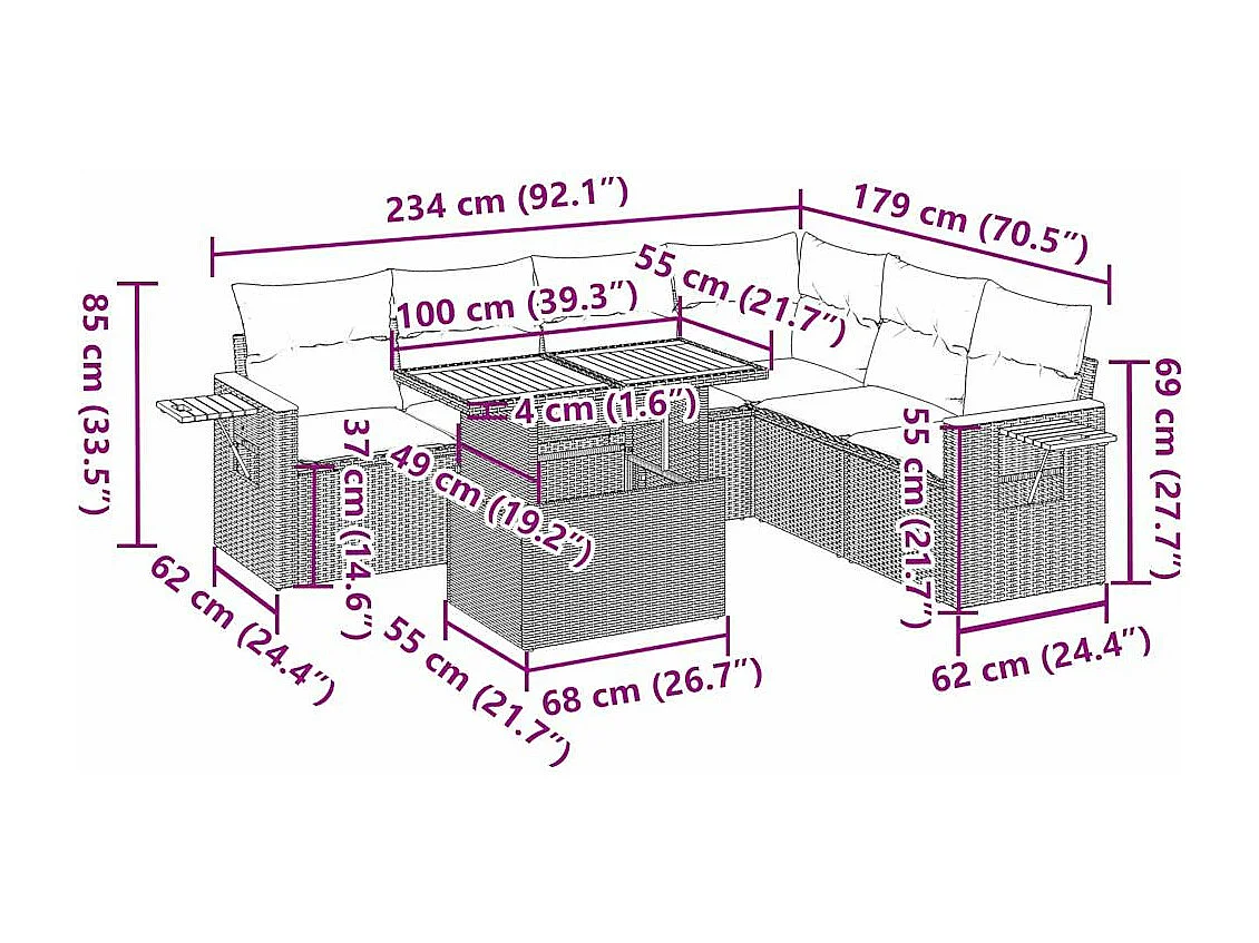 7 pcs conjunto sofás jardim com almofadões vime PE/acácia bege