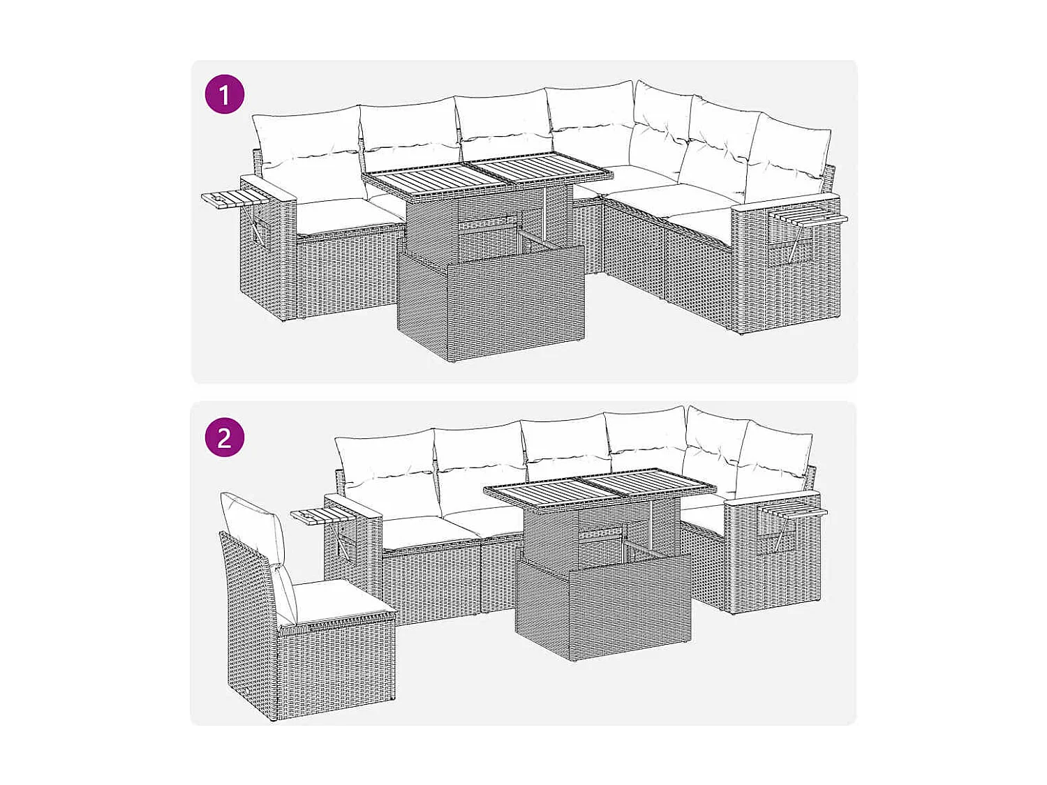 7 pcs conjunto sofás jardim com almofadões vime PE/acácia bege