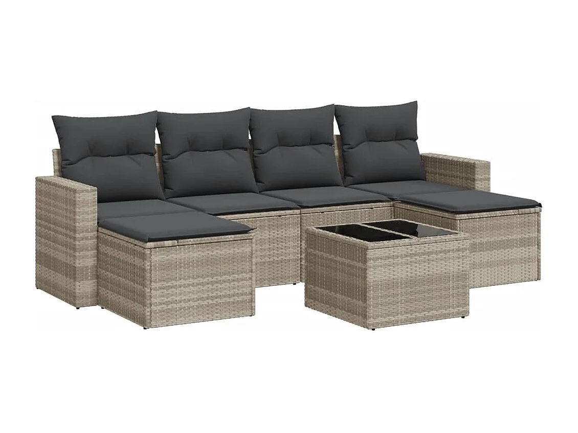 7-tlg. Garten-Sofagarnitur mit Kissen Hellgrau Poly Rattan