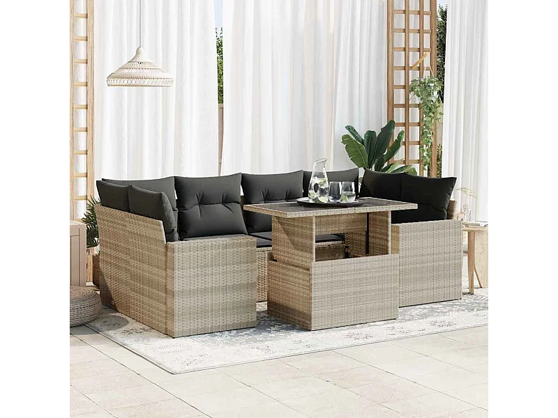 Salon de jardin avec coussins 7 pcs gris clair résine tressée