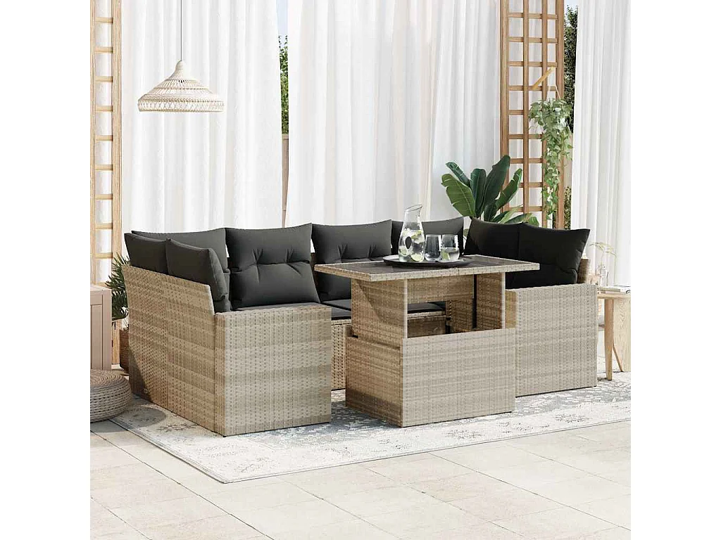Salon de jardin avec coussins 7 pcs gris clair résine tressée
