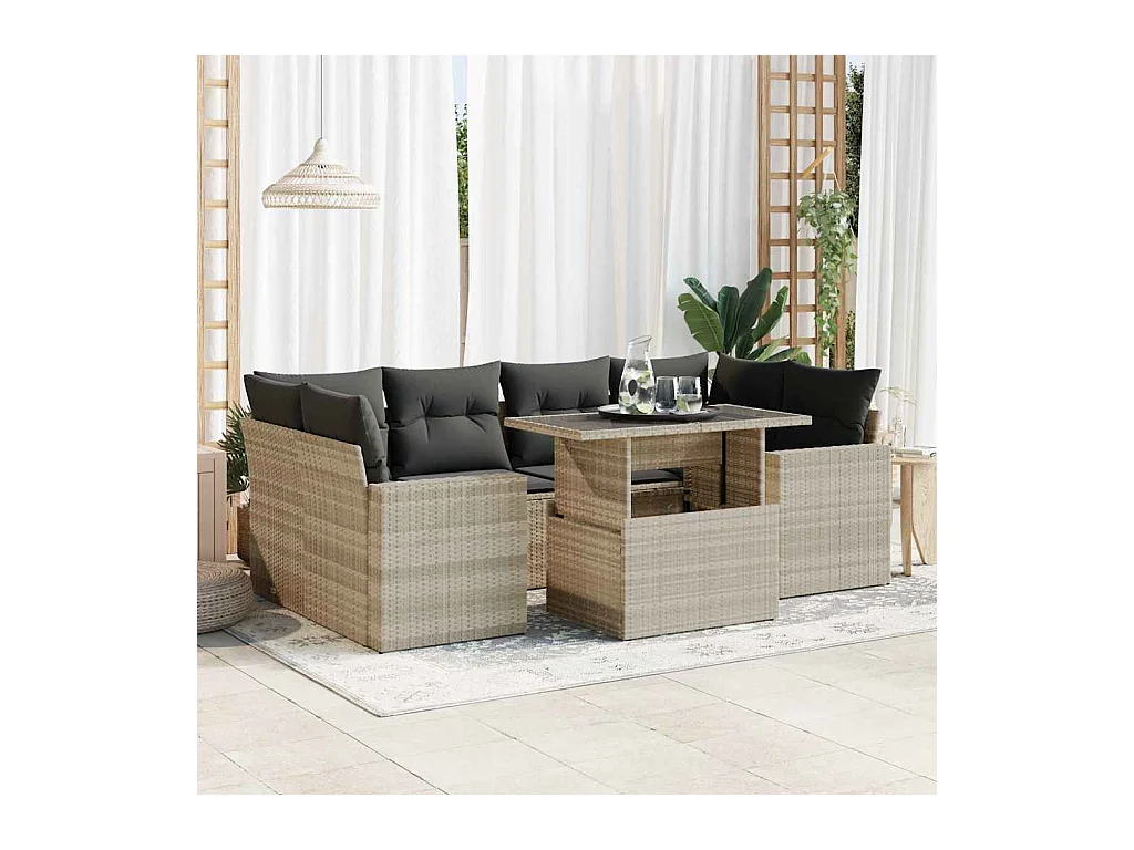 Set Divani da Giardino 7pz con Cuscini Grigio Chiaro Polyrattan