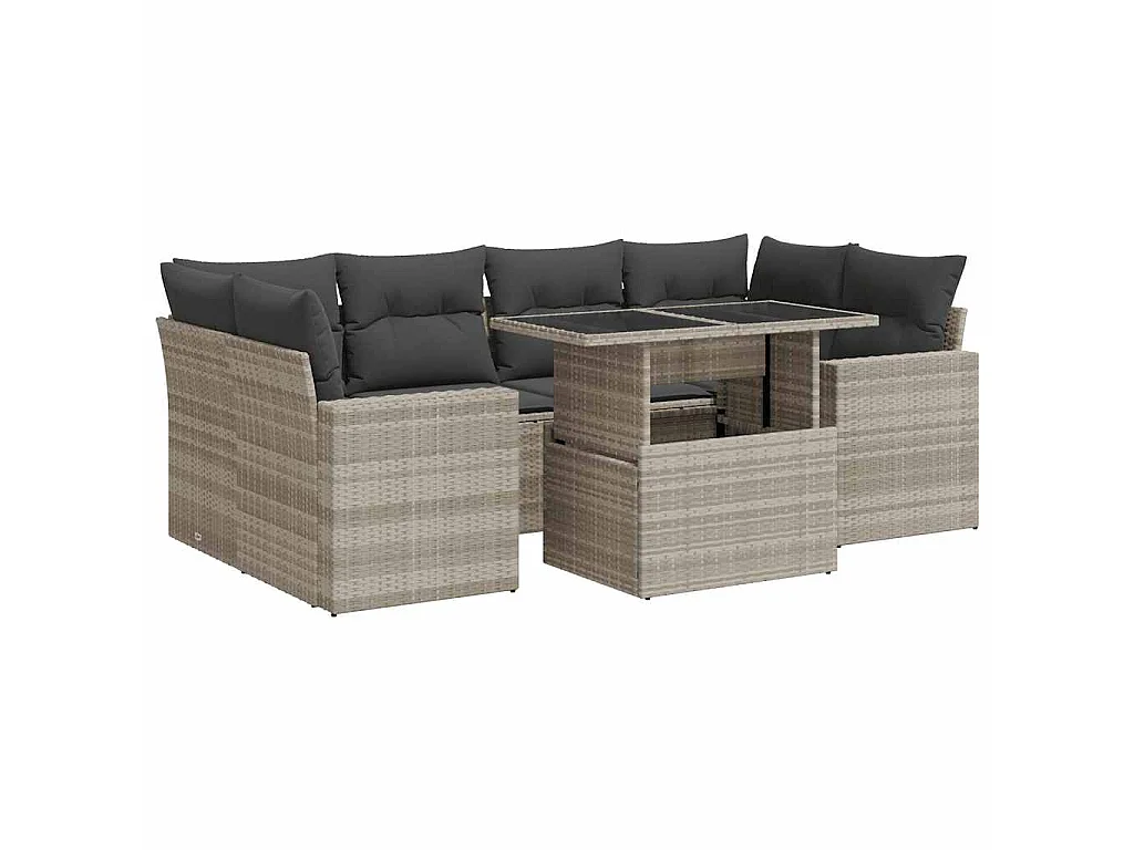 7-delige Loungeset met kussens poly rattan lichtgrijs