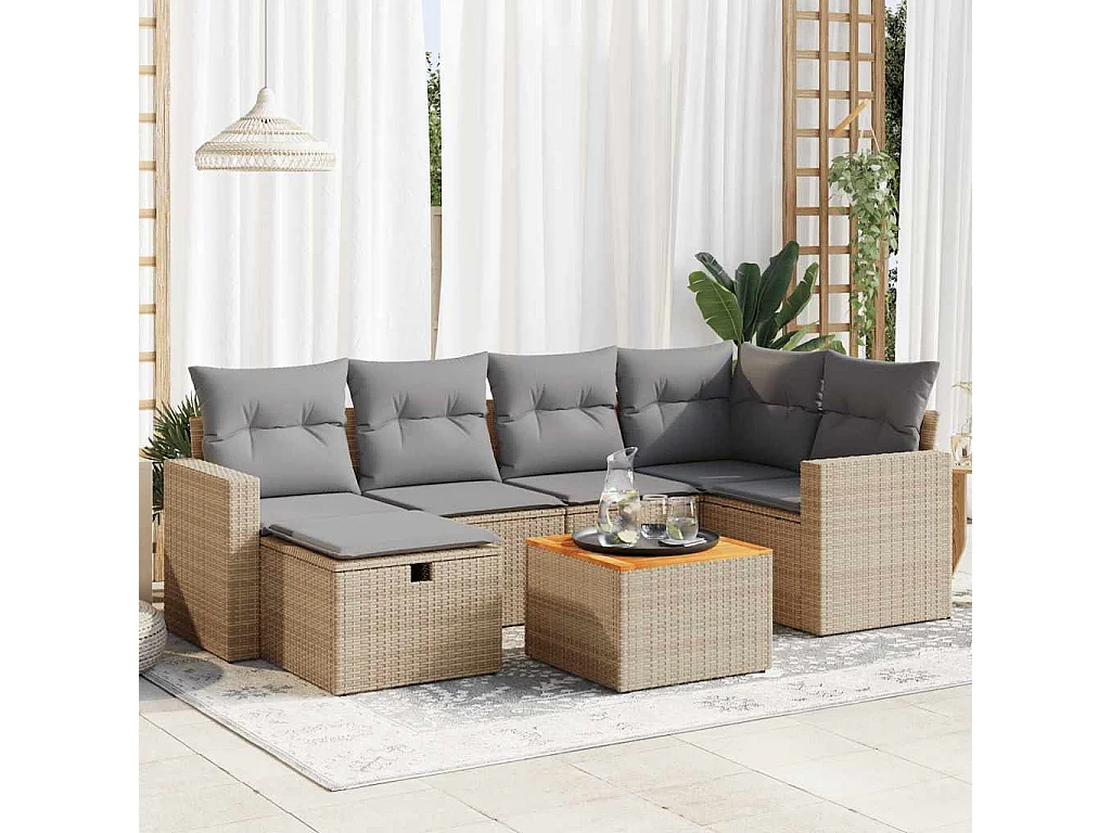 Set Divani da Giardino 7 pz con Cuscini Beige in Polyrattan