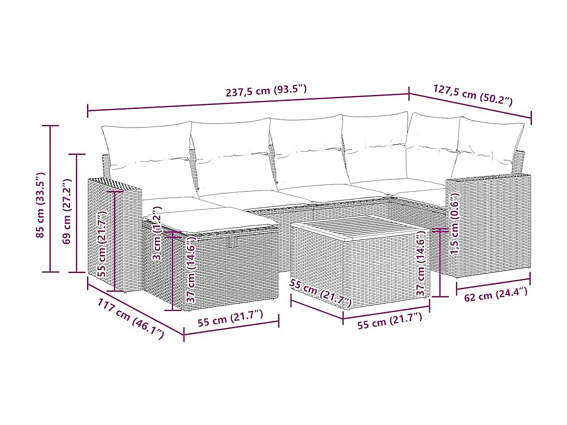 Set Divani da Giardino 7 pz con Cuscini Beige in Polyrattan