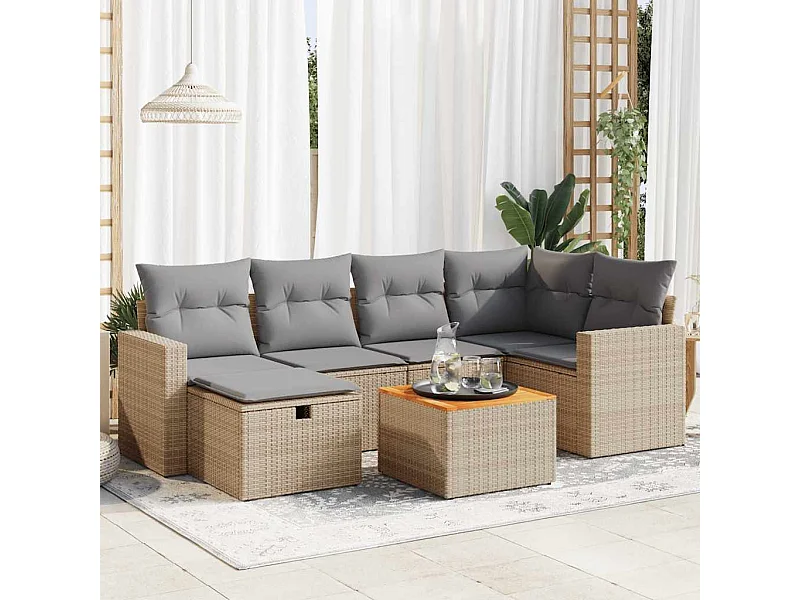 Set Divani da Giardino 7 pz con Cuscini Beige in Polyrattan