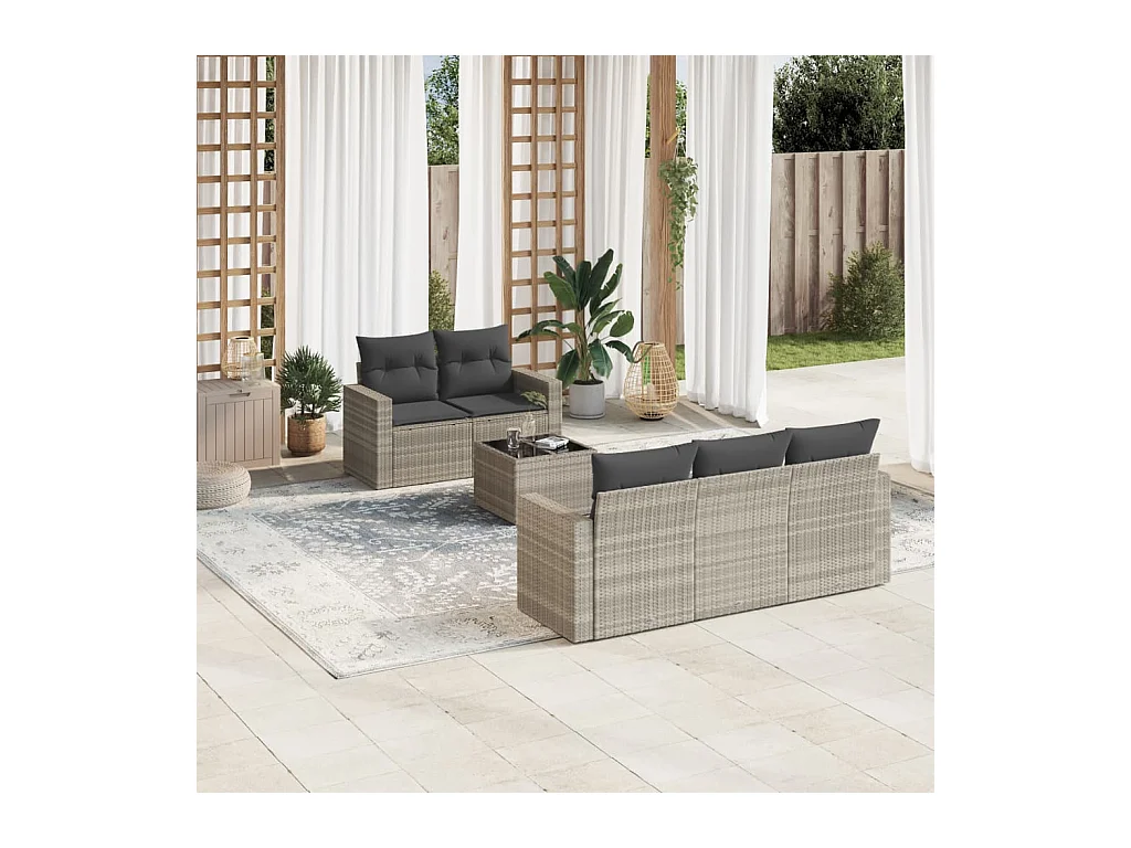 Salon de jardin 6 pcs avec coussins gris clair résine tressée