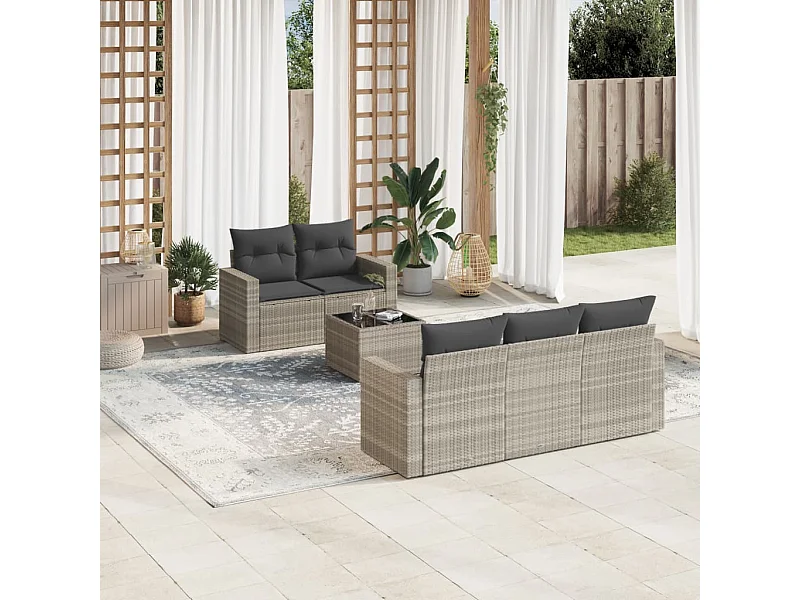 6-tlg. Garten-Sofagarnitur mit Kissen Hellgrau Poly Rattan