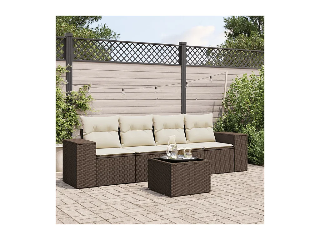 Salon de jardin avec coussins 5 pcs marron résine tressée