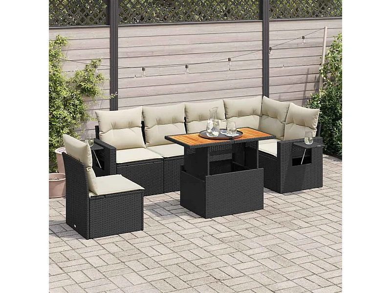Salon de jardin 7 pcs avec coussins noir résine tressée