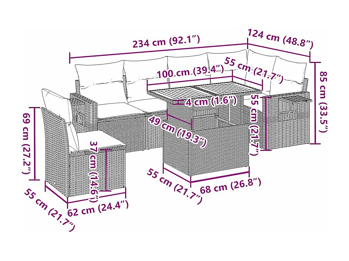 Salon de jardin 7 pcs avec coussins noir résine tressée