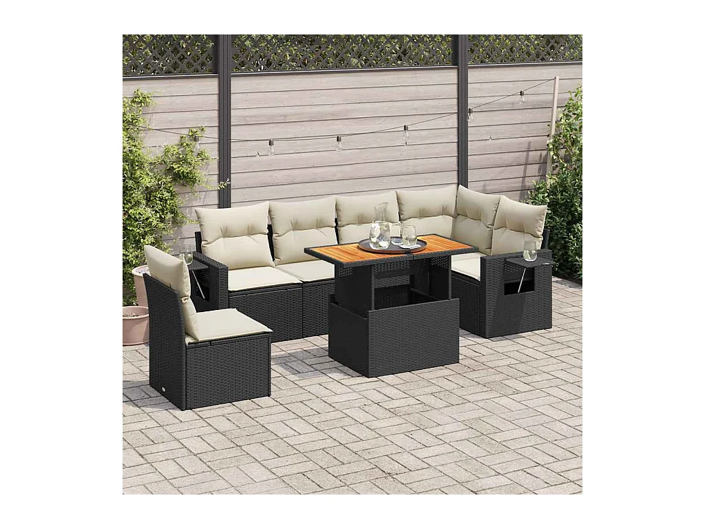 7-tlg. Garten-Sofagarnitur mit Kissen Schwarz Poly Rattan