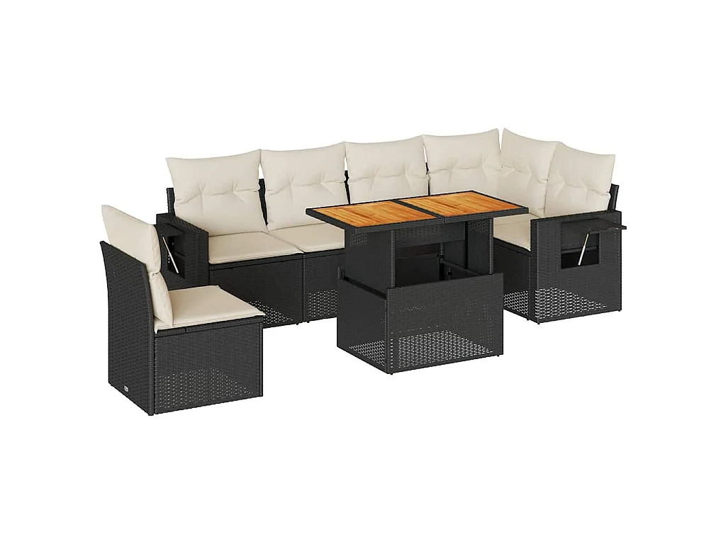 7-tlg. Garten-Sofagarnitur mit Kissen Schwarz Poly Rattan