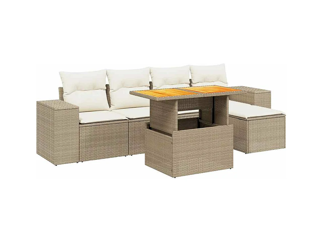 6-tlg. Garten-Sofagarnitur mit Kissen Beige Poly Rattan